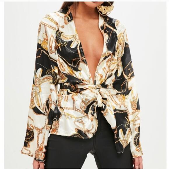 NWT Missguided Womens Satin Chain Print Wrap Top Blouse 6 Baroque NEW - Picture 1 of 8